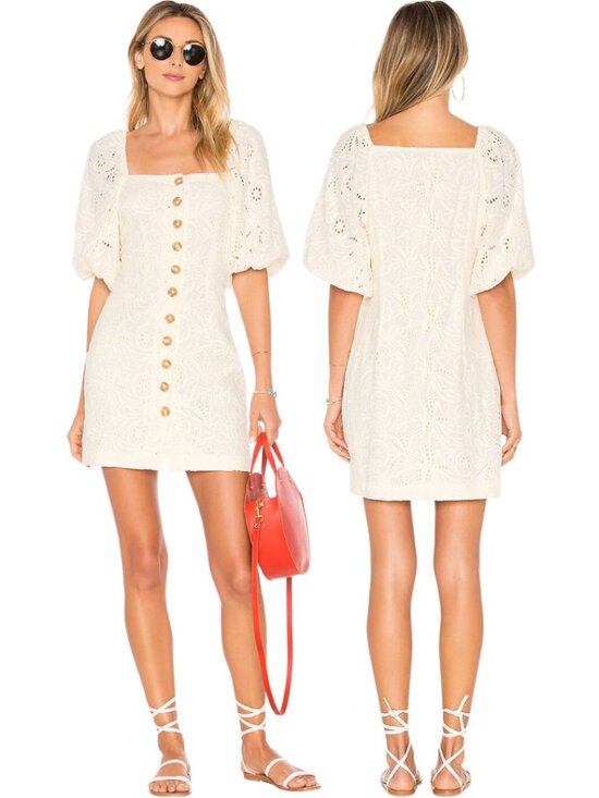 Free People Dresses & Skirts - Free People Daniella Eyelet Mini Dress Women's 2 Ivory Puff Sleeve Boho Cotton
